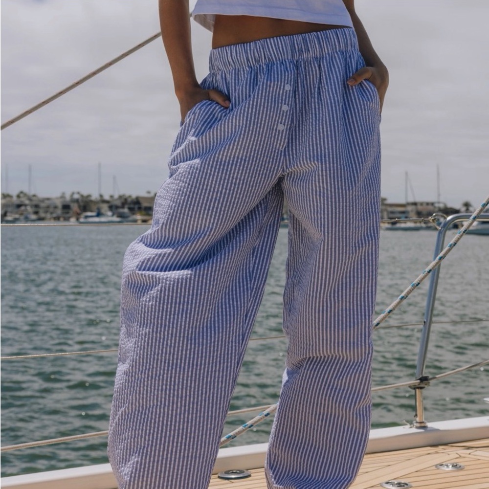 Daily Drills Seersucker Resort Pants - Light Blue + White Stripe